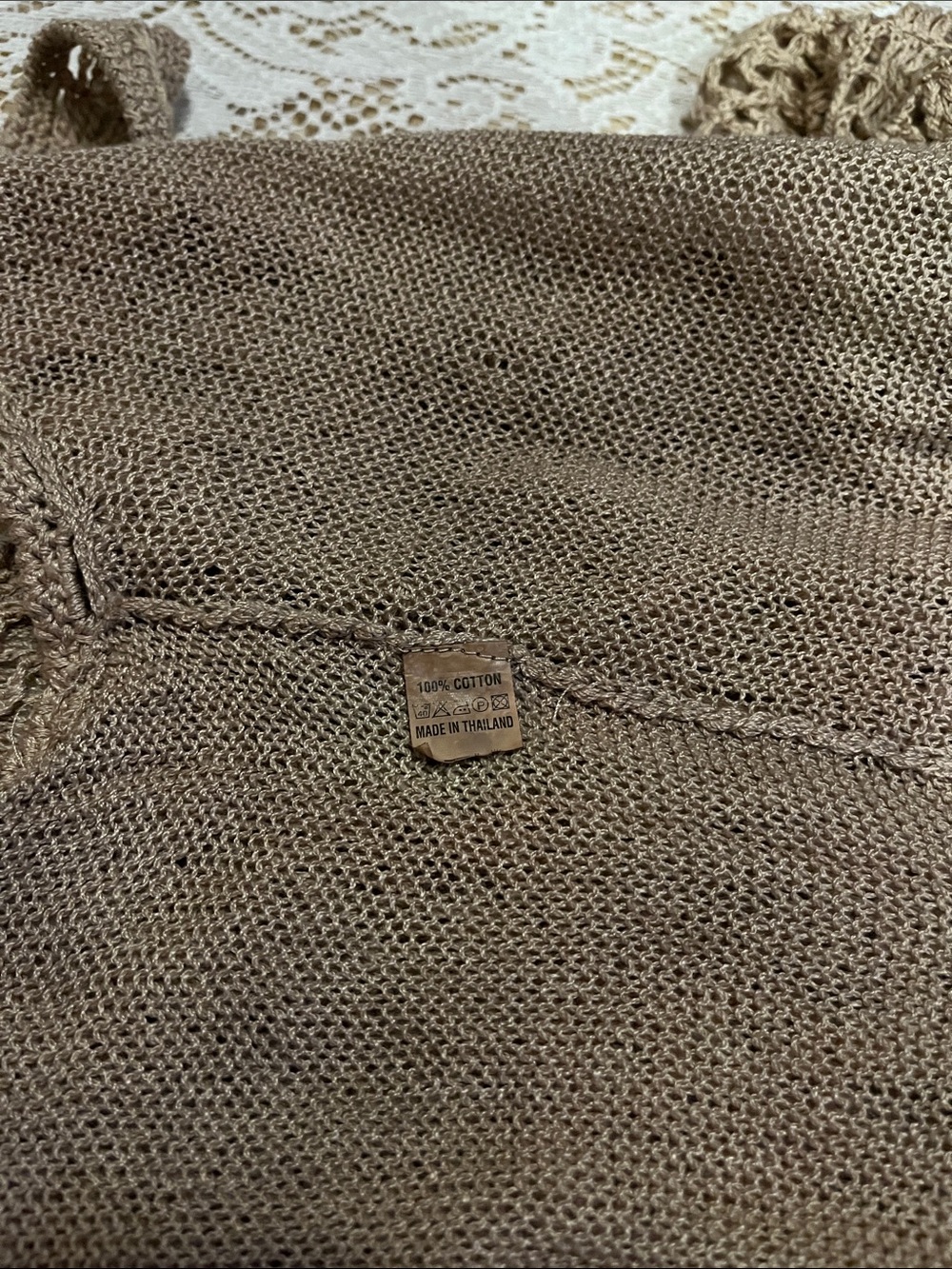 Crochet Double Lined Asymmetric Hem Tank, Tan, Size S/M - Picture 5 of 5